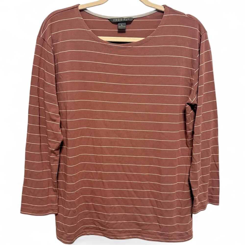 Free Fly Shoreline Shirt Women Large Pink White Striped Bamboo 3/4 Sleeve Spring